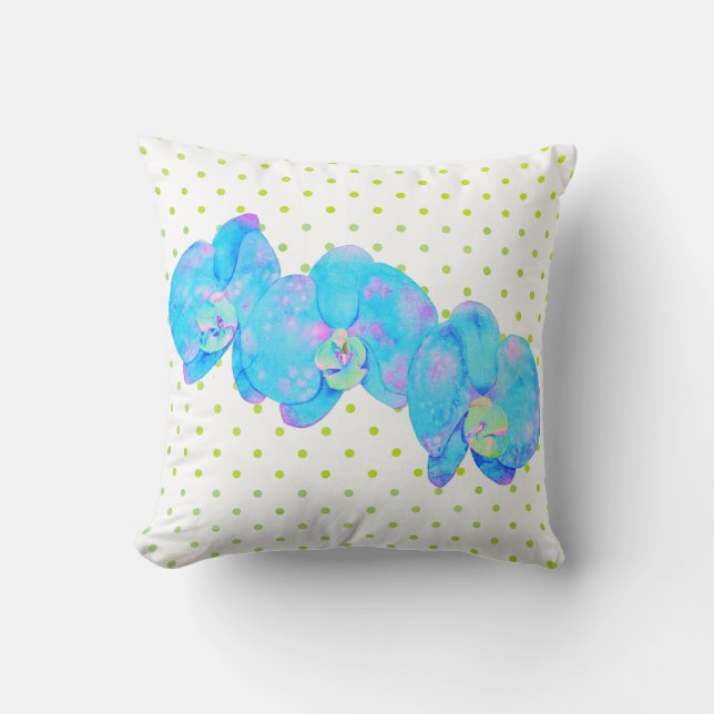 Tropical Blue Teal watercolor orchid painting Throw Pillow (Front)