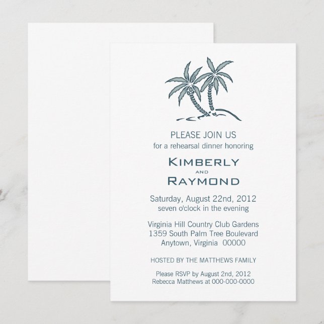 Tropical Blue Twin Palm Trees Rehearsal Dinner Invitation (Front/Back)