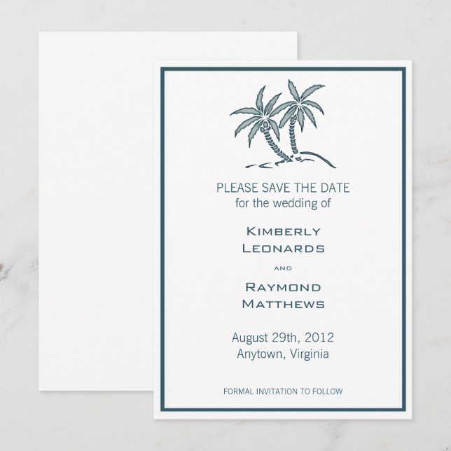Tropical Blue Twin Palm Trees Save the Date Invitation (Front/Back)