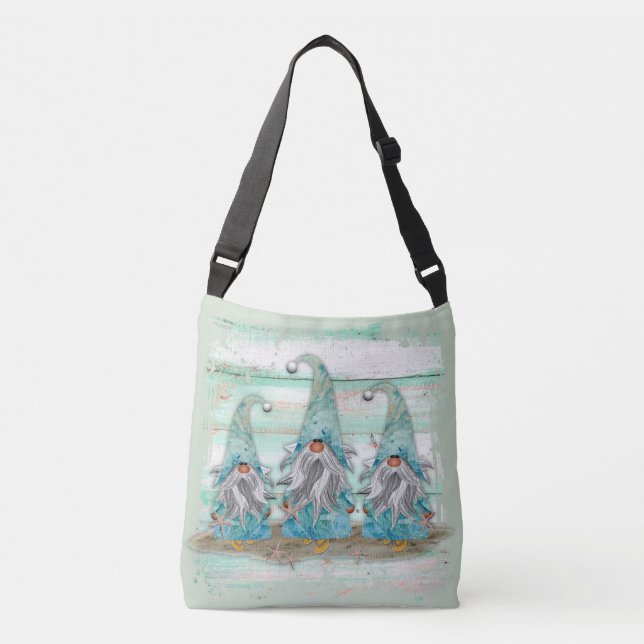 Tropical Blue Watercolor Beach Gnomes Crossbody Bag (Front)