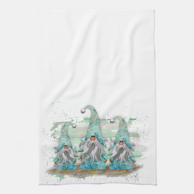 Tropical Blue Watercolor Beach Gnomes Kitchen Towel (Vertical)