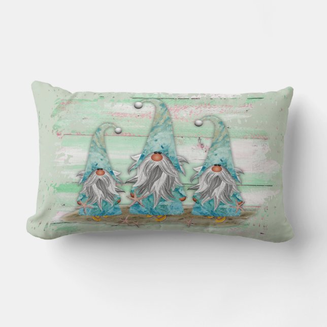 Tropical Blue Watercolor Beach Gnomes Lumbar Pillow (Front)