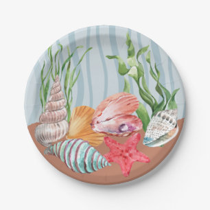 Tropical Blue Watercolor Seashell Beach Wedding Paper Plate