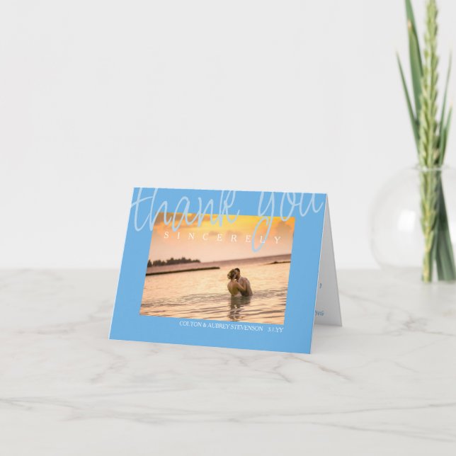 Tropical Blue Wedding Photo Thank You Card (Front)