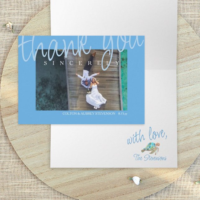Tropical Blue Wedding Photo Thank You Card (Tropical blue wedding photo thank you card with sea turtle - turquoise, teal blue, malibu blue)