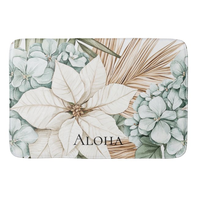Tropical Blue White Flowers   Bath Mat (Front)