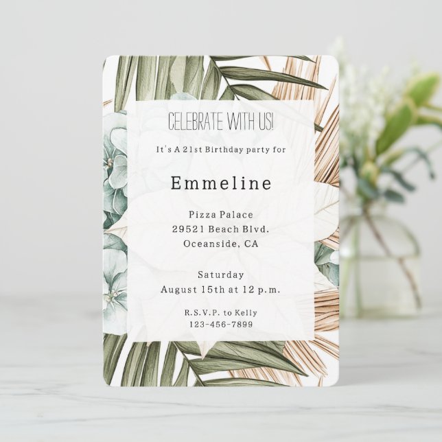 Tropical Blue White Flowers Birthday   Invitation (Standing Front)