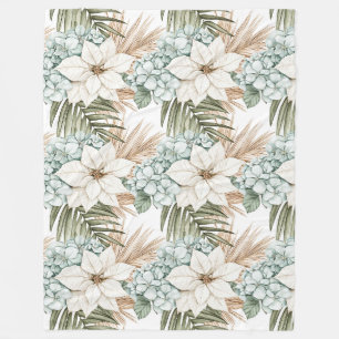 Tropical Blue White Flowers Fleece Blanket