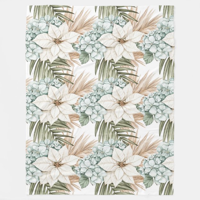Tropical Blue White Flowers   Fleece Blanket (Front)