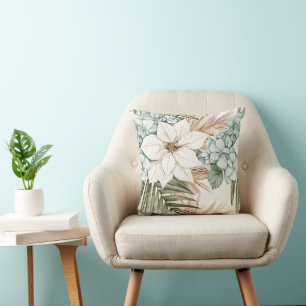 Tropical Blue White Flowers   Throw Pillow