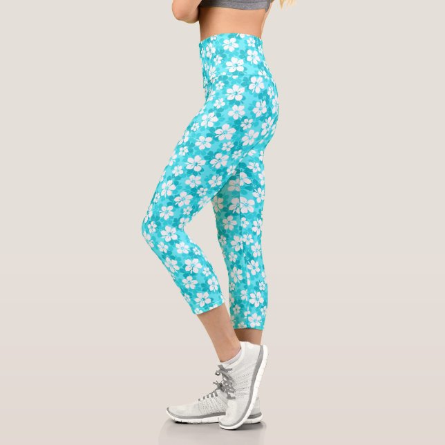 Tropical Blue White Hibiscus Flower Pattern Capri Leggings (Left)