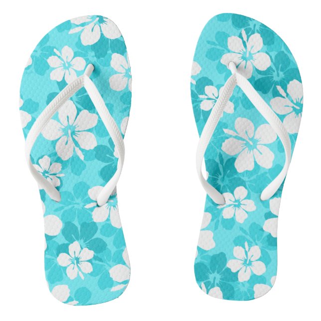 Tropical Blue White Hibiscus Flower Pattern Flip Flops (Footbed)