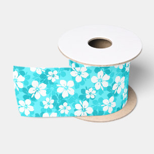 Tropical Blue White Hibiscus Flowers Pattern Satin Ribbon