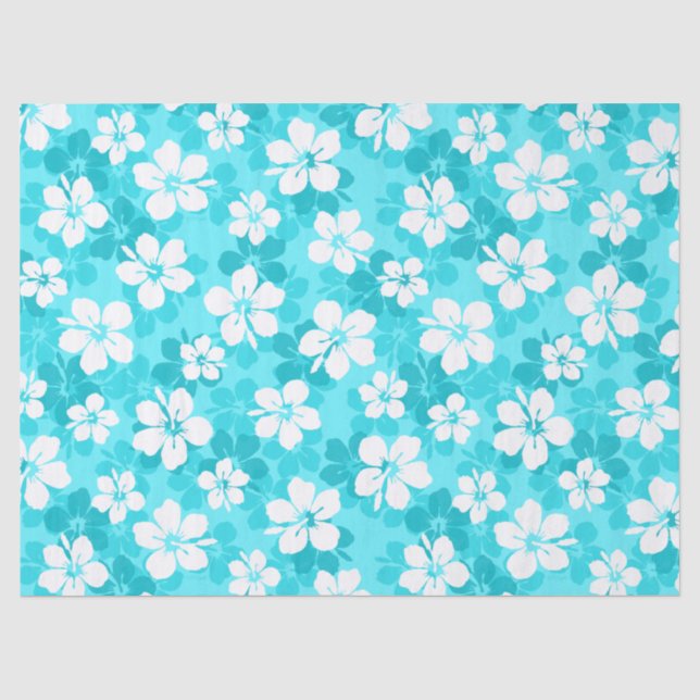 Tropical Blue White Hibiscus Flowers Pattern Tissue Paper (Front)