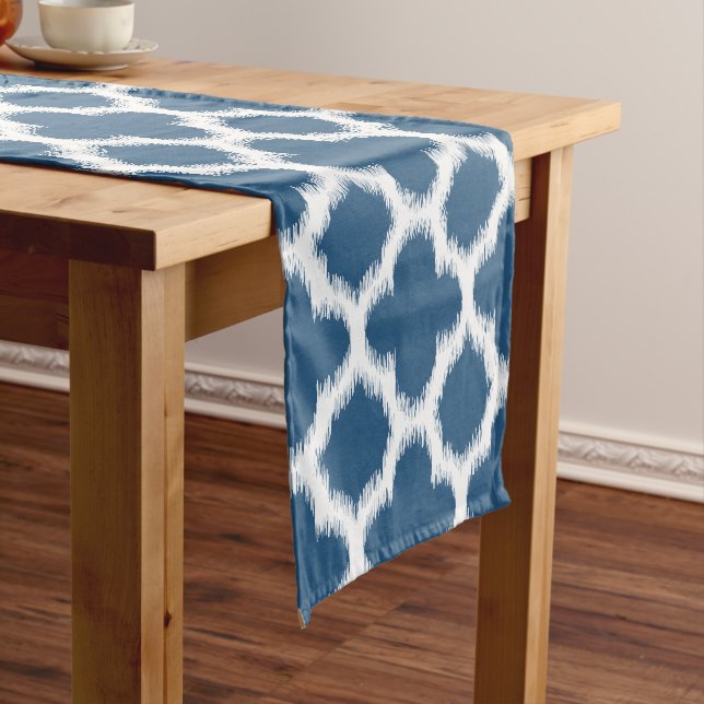 Tropical Blue White Ikat Quatrefoil Art Pattern Short Table Runner (In Situ)