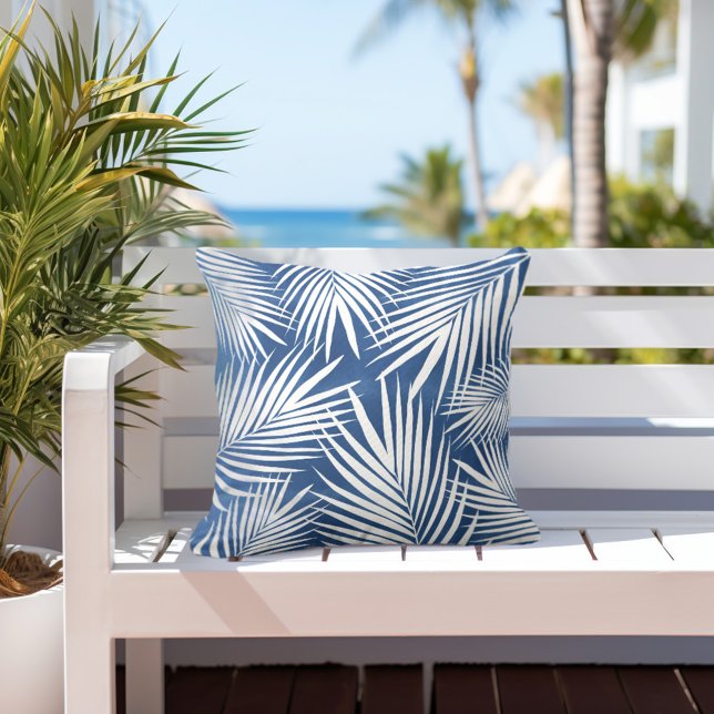 Tropical Blue White Palm Leaves Outdoor Pillow (Creator Uploaded)