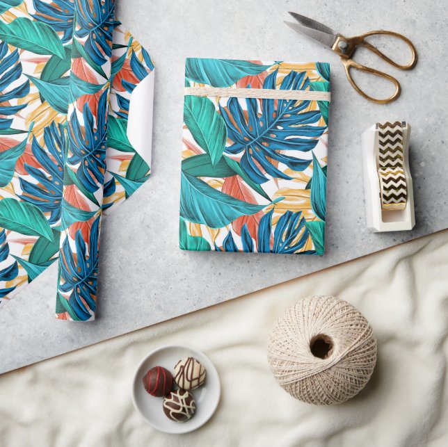 Tropical Blue yelllow leaves  Wrapping Paper (Crafts)