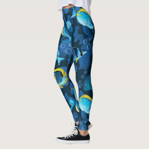 Tropical Blue Yellow Fish Illustration Leggings