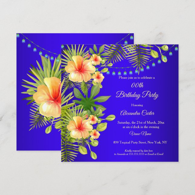 Tropical Blue Yellow Hibiscus floral Birthday Invitation (Front/Back)