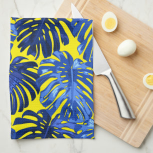 Tropical Blue Yellow Monstera Jungle Leaves Kitchen Towel