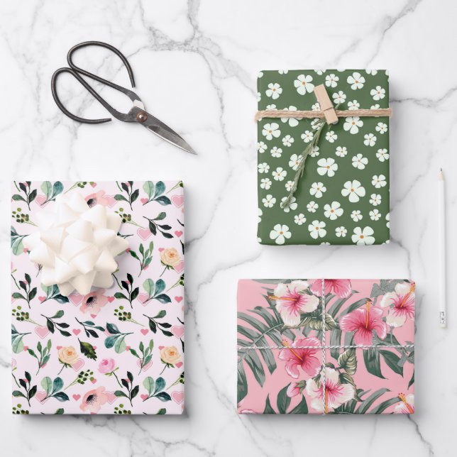 Tropical Blush Botanical 3 Wrapping Paper Sheet (Front)