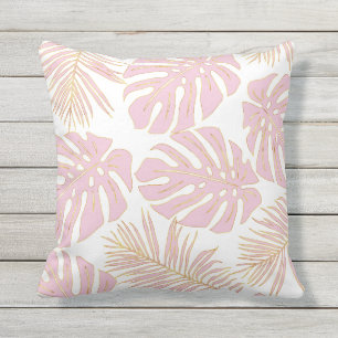 Tropical blush pink monstera leaves pattern outdoor pillow