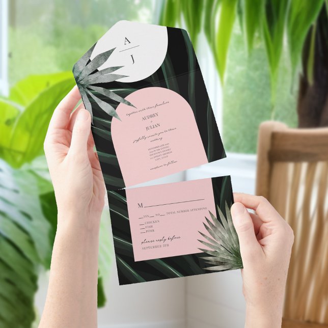 Tropical Blush Pink Palm Leaf Monogram Wedding All In One Invitation (Creator Uploaded)
