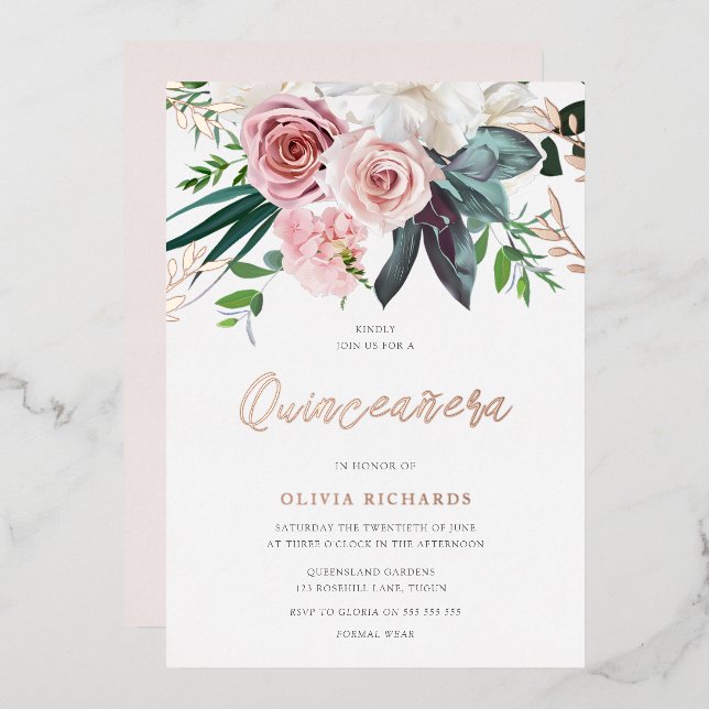 Tropical Blush Pink Roses Quinceanera Party (Front/Back)