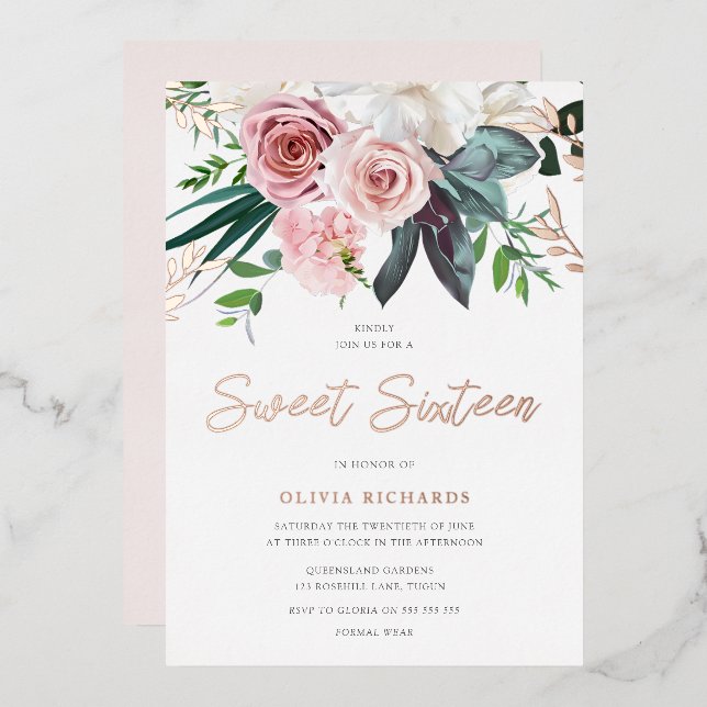 Tropical Blush Pink Roses Sweet 16 Party (Front/Back)