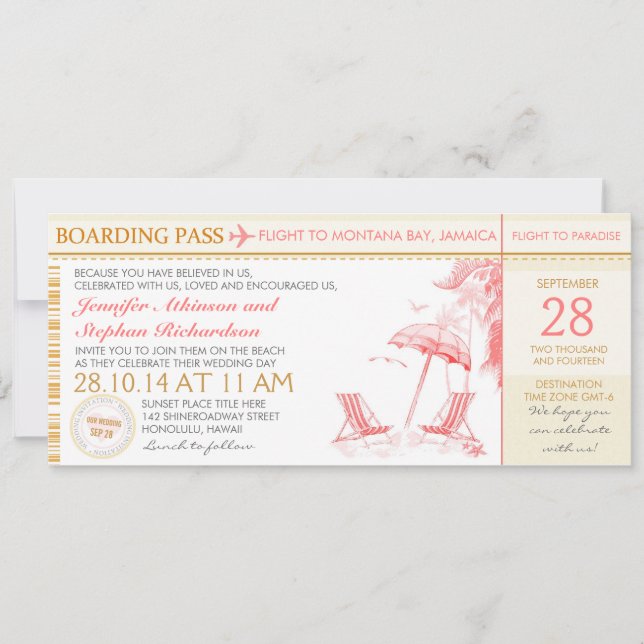 tropical boarding pass destination wedding invites (Front)