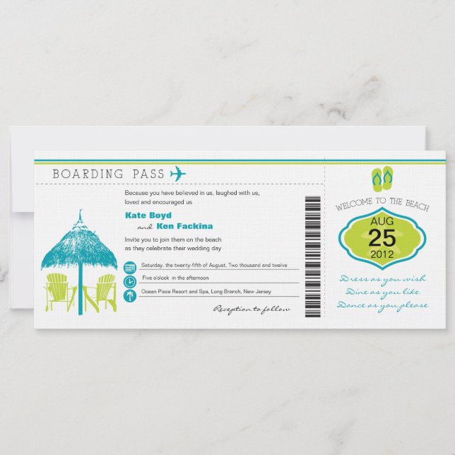 Tropical Boarding Pass Wedding Invitation (Front)