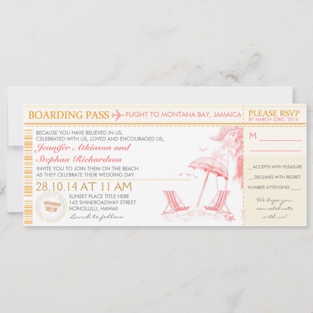 tropical boarding pass - wedding invitation & RSVP (Front)