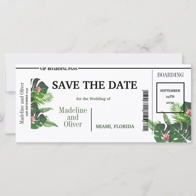 Tropical  Boarding Pass Wedding Save The Date (Front)