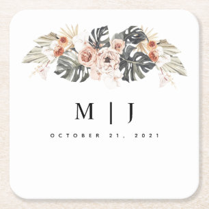 Tropical Bohemian Dried Palm Leaf Wedding Square Paper Coaster