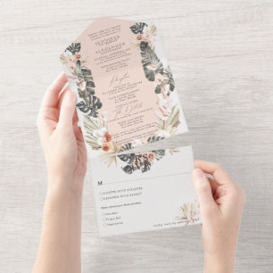 Tropical Bohemian Floral Pale Blush Wedding All In One Invitation
