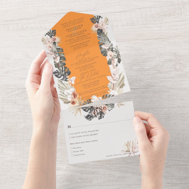 Tropical Bohemian Floral Papaya Orange Wedding All In One Invitation (Tearaway)