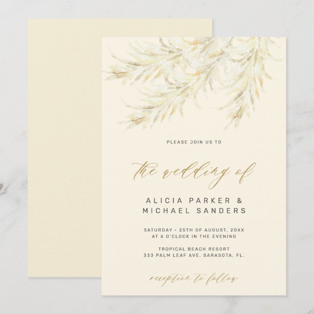 Tropical bohemian gold pampas grass wedding invitation (Front/Back)
