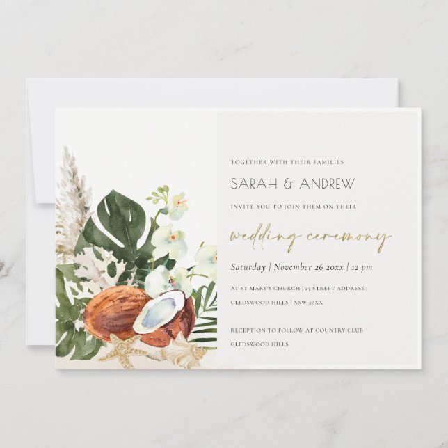 Tropical Boho Coconuts Orchids Palm Wedding Invite (Front)