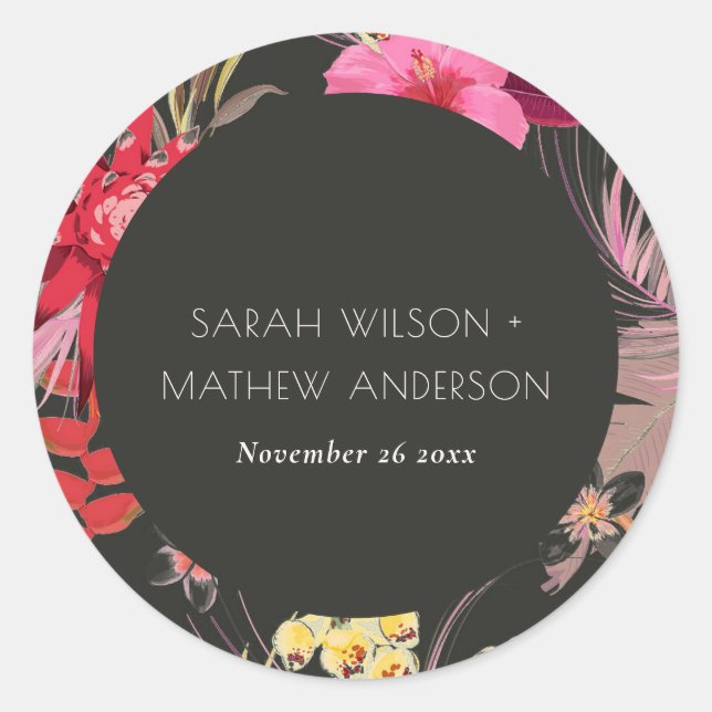 Tropical Boho Dark Lively Red Blush Floral Wedding Classic Round Sticker (Front)