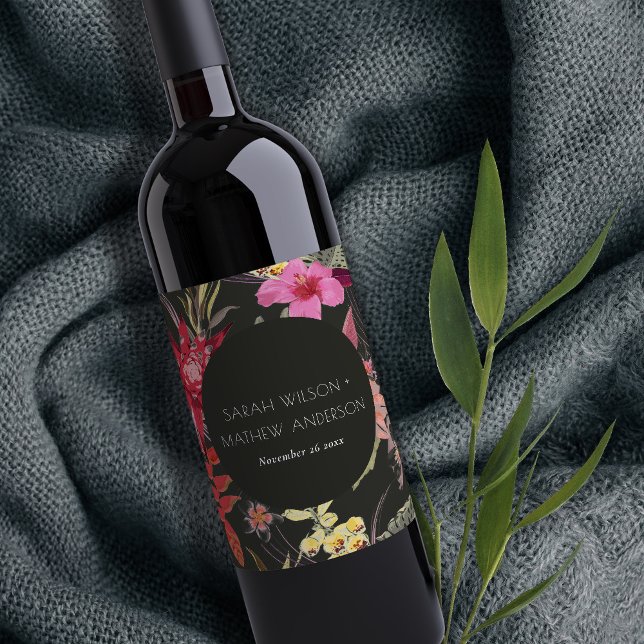 Tropical Boho Dark Lively Red Pink Floral Wedding Wine Label (Creator Uploaded)
