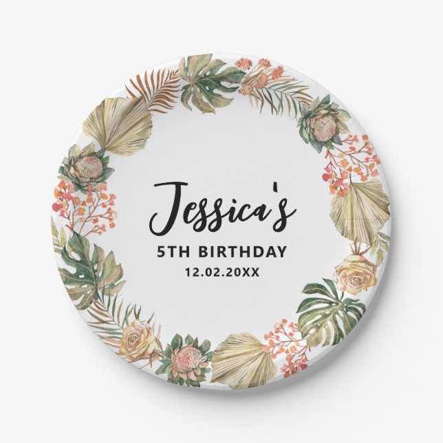 Tropical Boho dried palm leaves Wreath Birthday  Paper Plate (Front)