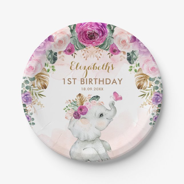 Tropical Boho Elephant Wild One 1st Birthday Favou Paper Plate (Front)