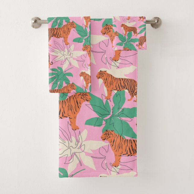 Tropical Boho Orange Pink Tiger Jungle Pattern Bath Towel Set (Insitu)