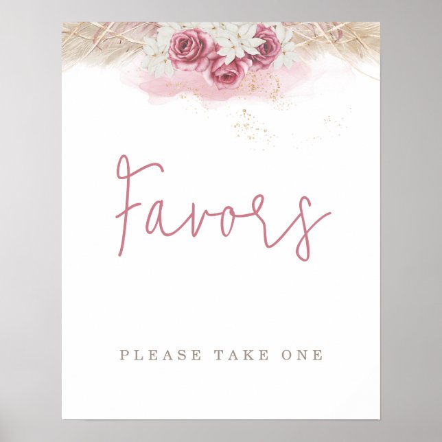 Tropical Boho Pink Roses Baby Shower Favours Poster (Front)