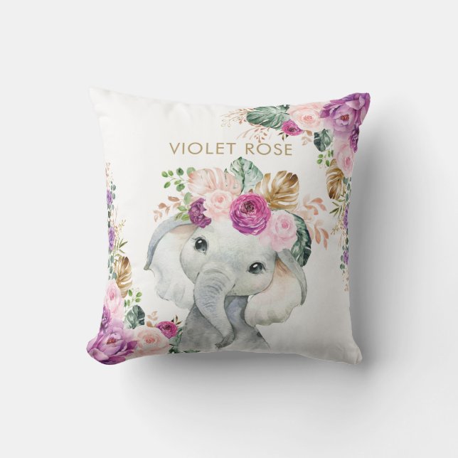 Tropical Boho Purple Blush Floral Elephant Throw Pillow (Front)