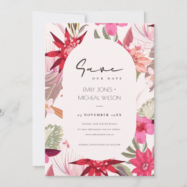 Tropical Boho Red Blush flora Save The Date Invite (Front)