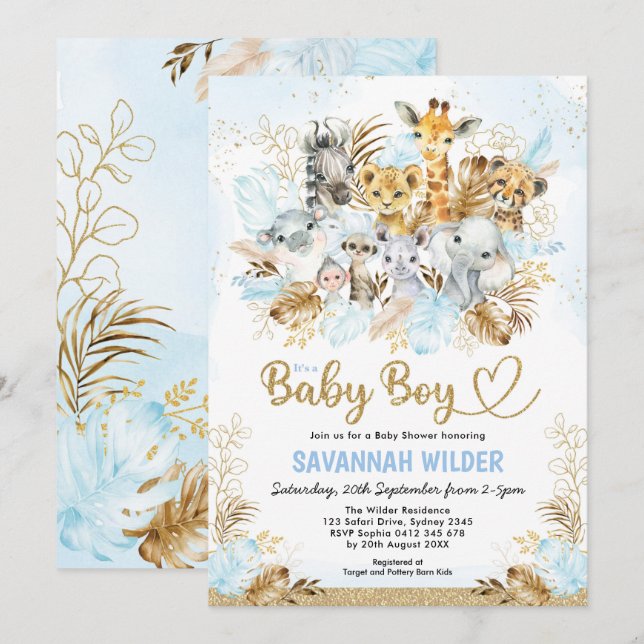 Tropical Boho Safari Baby Boy Blue Gold Shower Invitation (Front/Back)