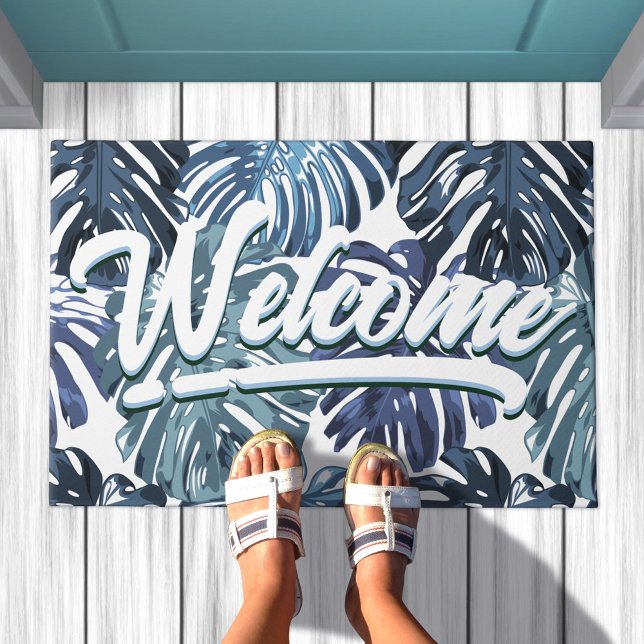 Tropical Boho Welcome Blue Jungle Leaves Doormat (In Situ. See my store for matching homewares.)