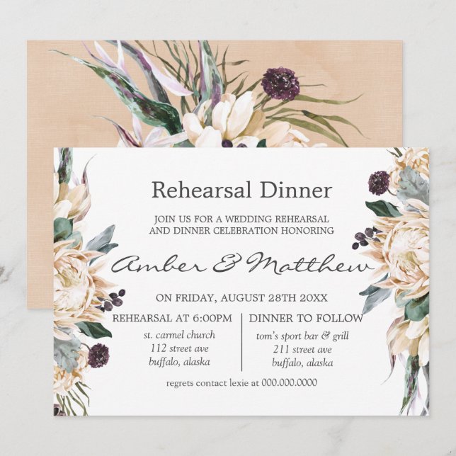 Tropical Boho White Protea Rehearsal Dinner Invita Invitation (Front/Back)