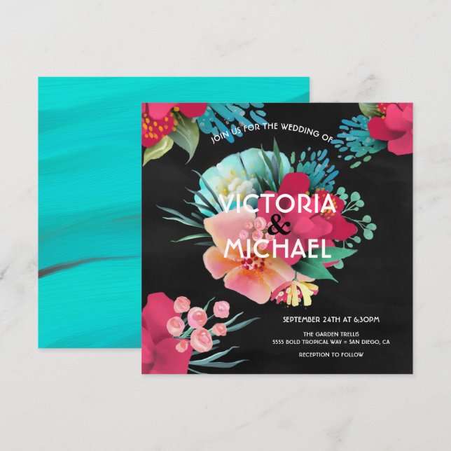 Tropical bold & bright floral wedding invitation (Front/Back)